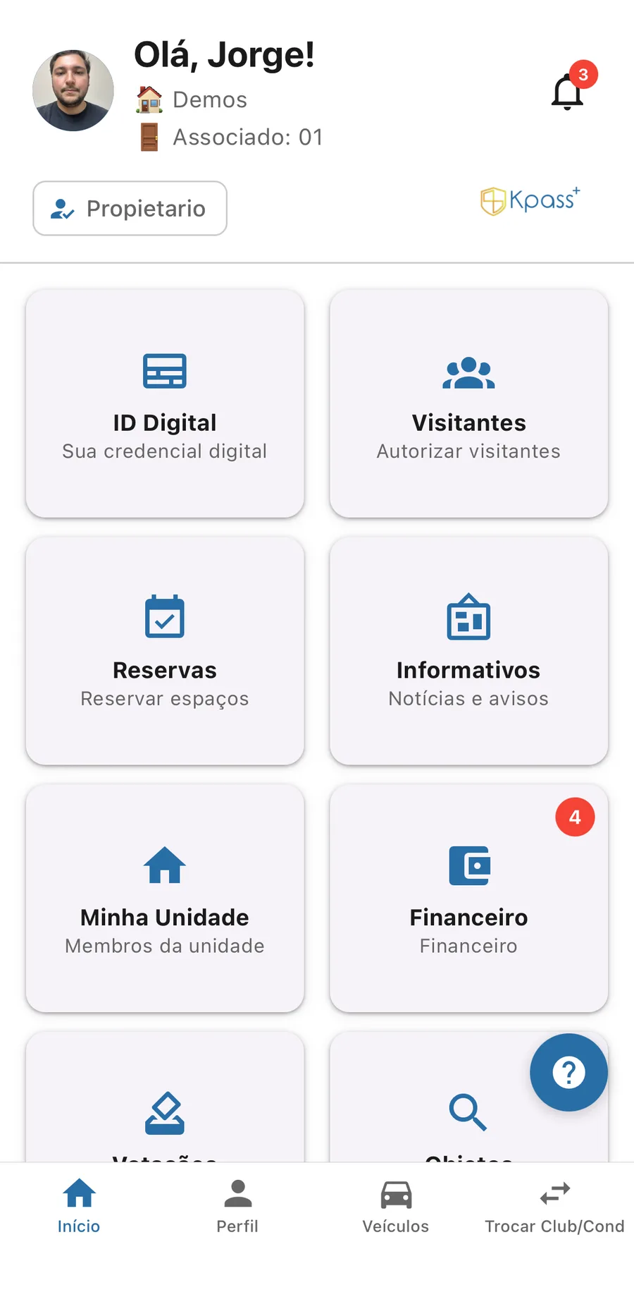 Início do aplicativo: numa só tela o morador vê a credencial digital, visitantes, reservas, informativos, financeiro, votações, achados e perdidos e ocorrências.